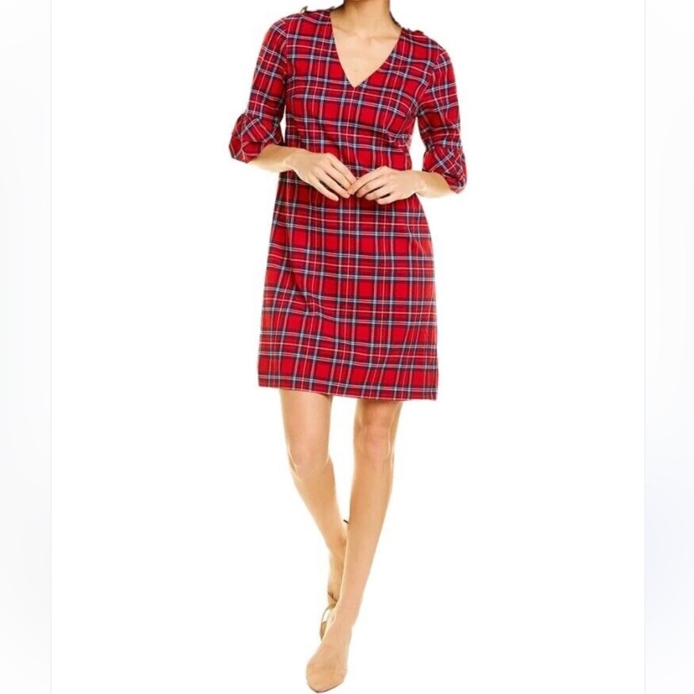 Draper James Red and Blue A-line Dress with Ruffled Bell Sleeves